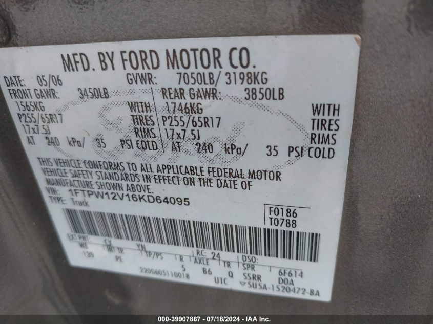 2006 Ford F-150 Lariat/Xlt VIN: 1FTPW12V16KD64095 Lot: 39907867