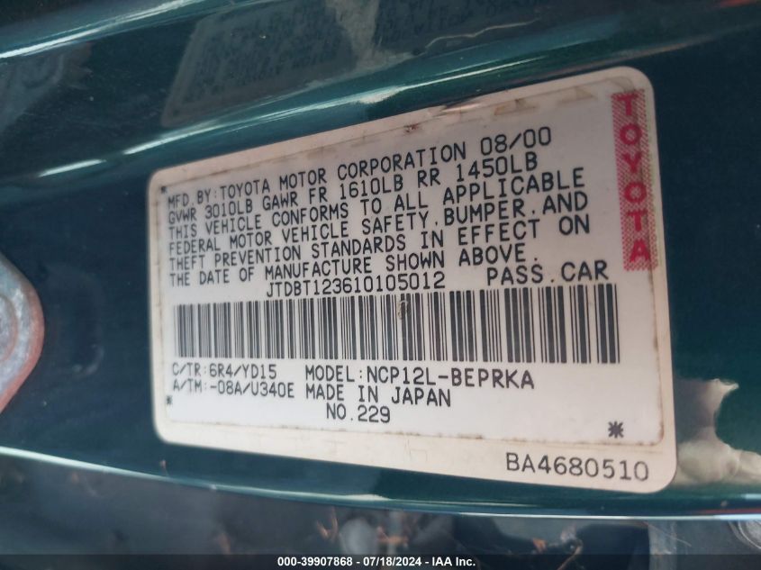 2001 Toyota Echo Base (A4) VIN: JTDBT123610105012 Lot: 39907868