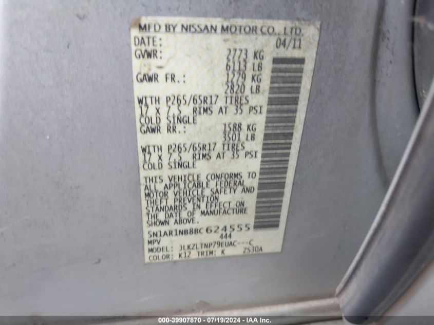 2011 Nissan Pathfinder Sv VIN: 5N1AR1NB8BC624555 Lot: 39907870