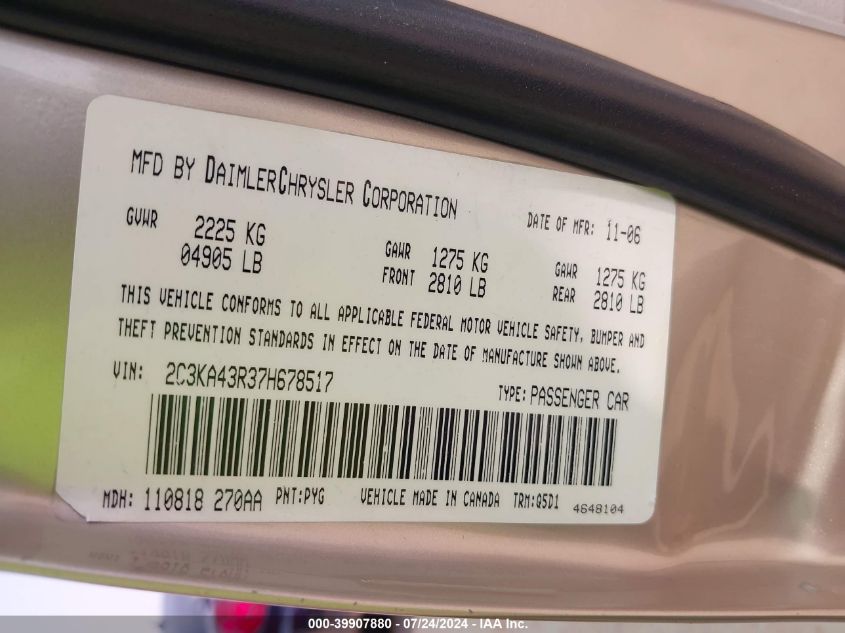 2007 Chrysler 300 VIN: 2C3KA43R37H678517 Lot: 39907880
