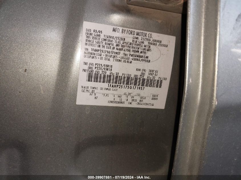 2005 Ford Five Hundred Limited VIN: 1FAHP25175G171957 Lot: 39907881