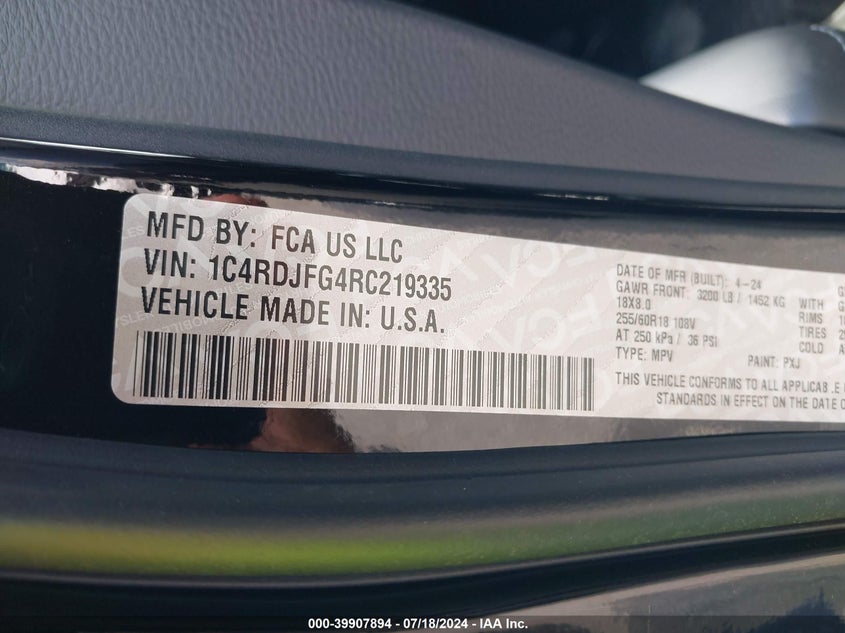 VIN 1C4RDJFG4RC219335 2024 DODGE DURANGO PURSUIT AWD