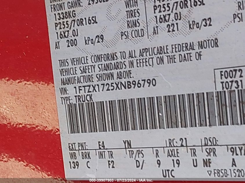 1999 Ford F-150 Work Series/Xl/Xlt VIN: 1FTZX1725XNB96790 Lot: 39907903