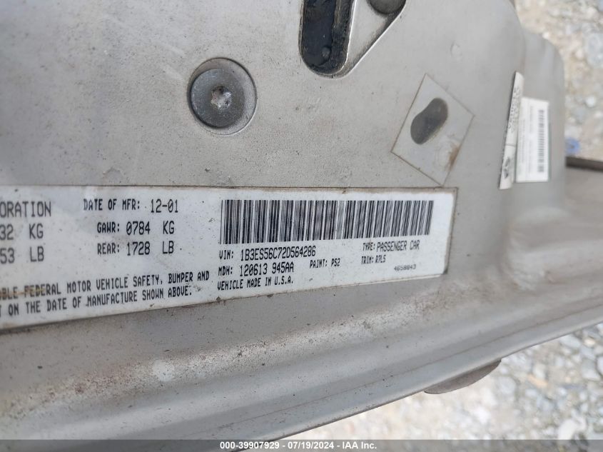 2002 Dodge Neon Sxt VIN: 1B3ES56C72D564286 Lot: 39907929