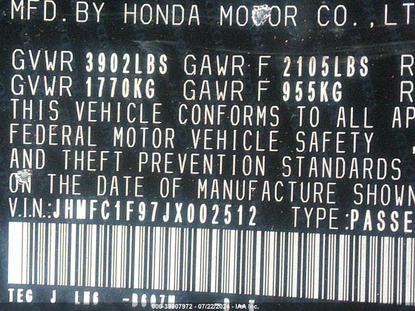 2018 Honda Civic Touring VIN: 19XFC1F91HE012464 Lot: 39907972