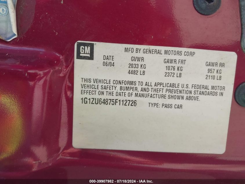 2005 Chevrolet Malibu Maxx Lt VIN: 1G1ZU64875F112726 Lot: 39907982