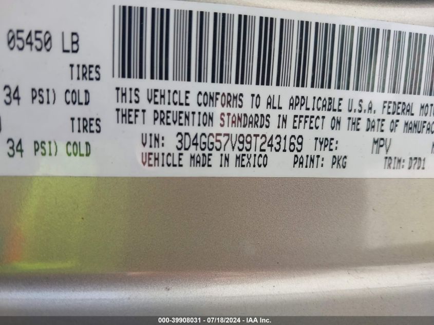 2009 Dodge Journey Sxt VIN: 3D4GG57V99T243169 Lot: 39908031