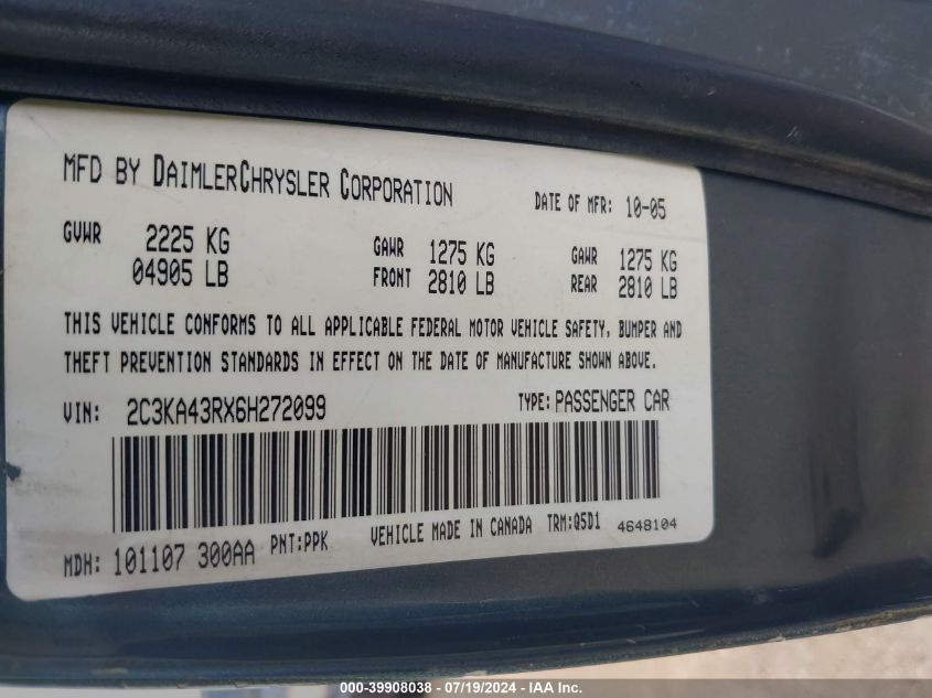2006 Chrysler 300 VIN: 2C3KA43RX6H272099 Lot: 39908038
