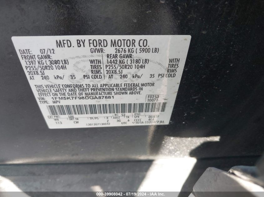 2013 Ford Explorer Limited VIN: 1FM5K7F98DGA87881 Lot: 39908042