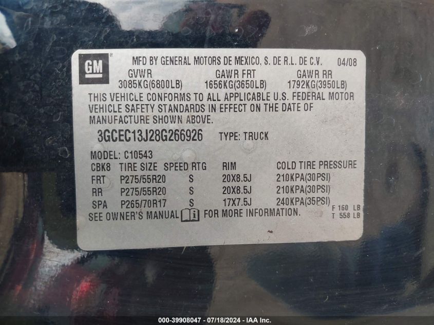 2008 Chevrolet Silverado 1500 Lt1 VIN: 3GCEC13J28G266926 Lot: 39908047