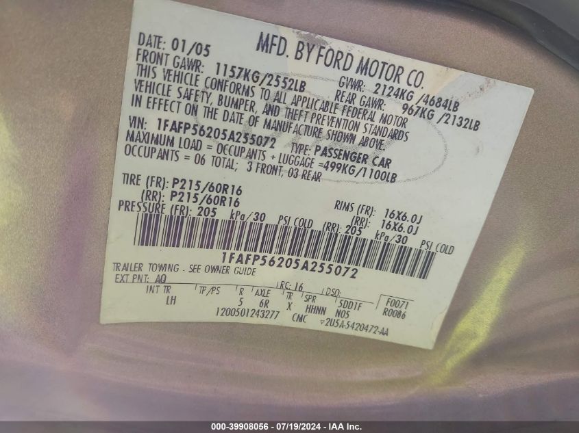 2005 Ford Taurus Sel VIN: 1FAFP56205A255072 Lot: 39908056