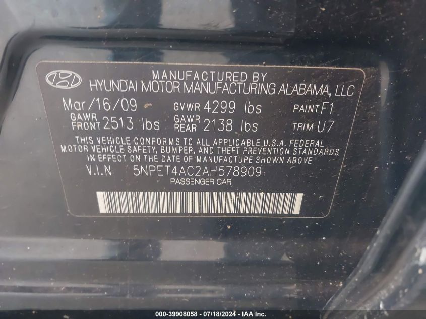 2010 Hyundai Sonata Gls VIN: 5NPET4AC2AH578909 Lot: 39908058