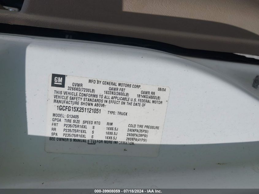 2005 Chevrolet Express VIN: 1GCFG15X251121051 Lot: 39908059