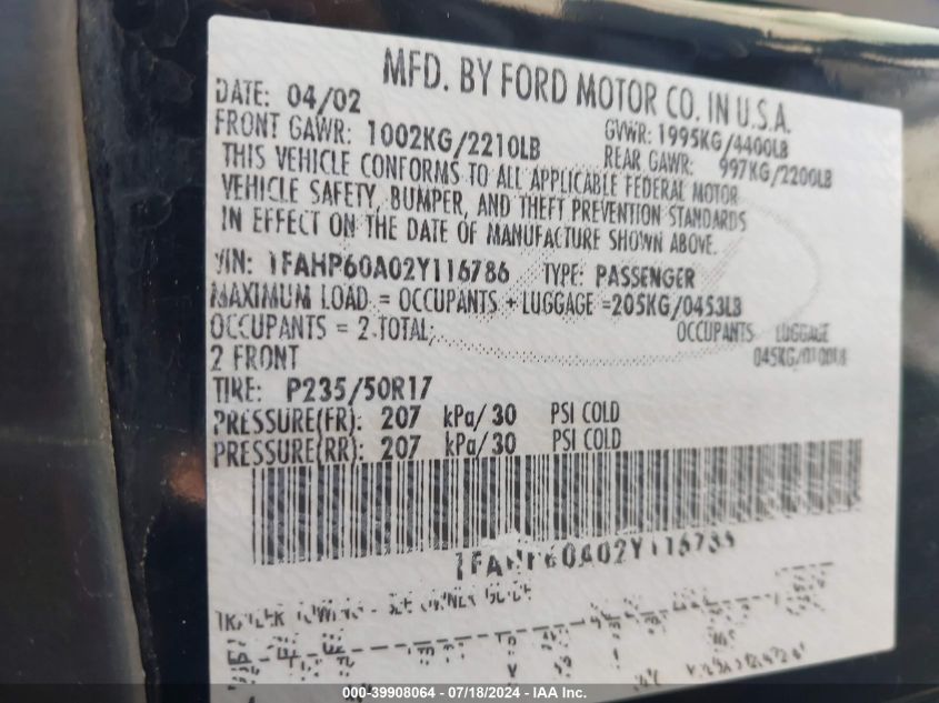 2002 Ford Thunderbird VIN: 1FAHP60A02Y116786 Lot: 39908064