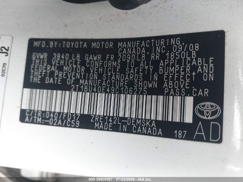 2009 Toyota Corolla S VIN: 2T1BU40E49C106275 Lot: 39908067