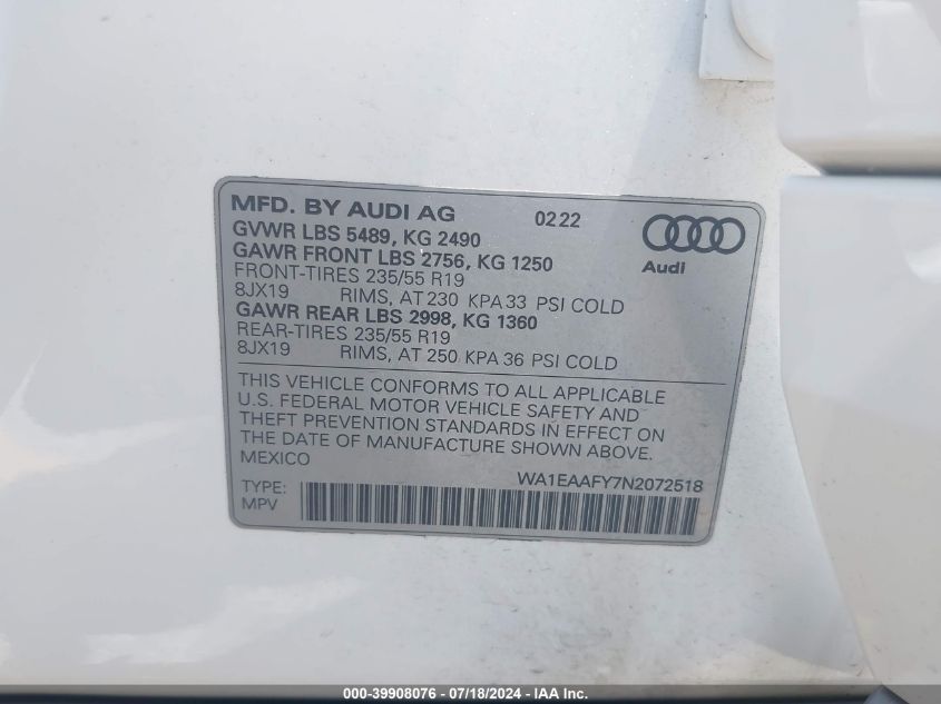 2022 Audi Q5 Premium Plus 45 Tfsi S Line Quattro S Tronic VIN: WA1EAAFY7N2072518 Lot: 39908076