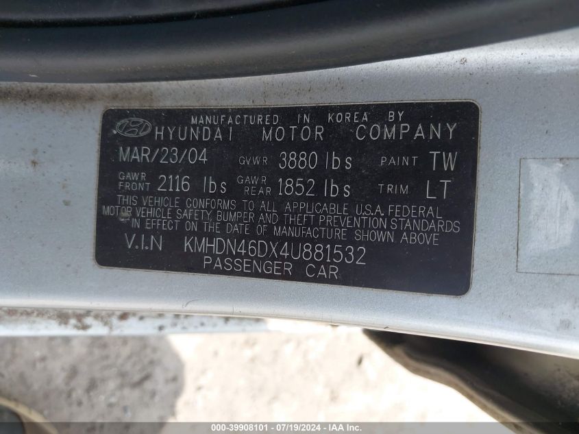 2004 Hyundai Elantra Gls/Gt VIN: KMHDN46DX4U881532 Lot: 39908101