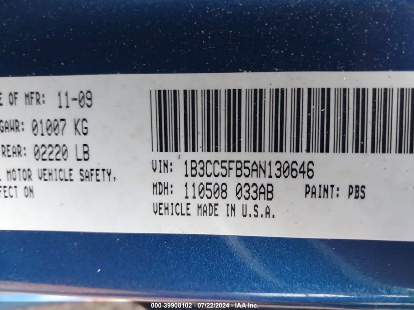2010 Dodge Avenger R/T VIN: 1B3CC5FB5AN130646 Lot: 39908102