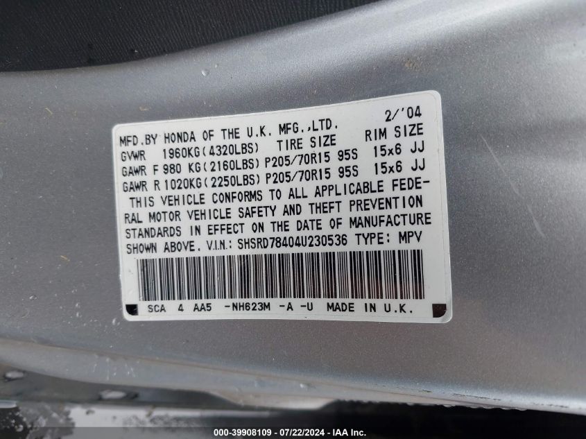 2004 Honda Cr-V Lx VIN: SHSRD78404U230536 Lot: 39908109