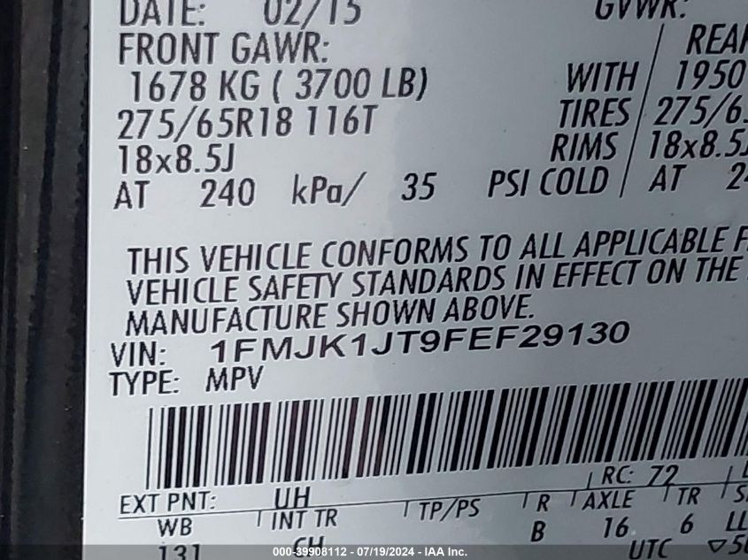 2015 Ford Expedition El Xlt/El King Ranch VIN: 1FMJK1JT9FEF29130 Lot: 39908112