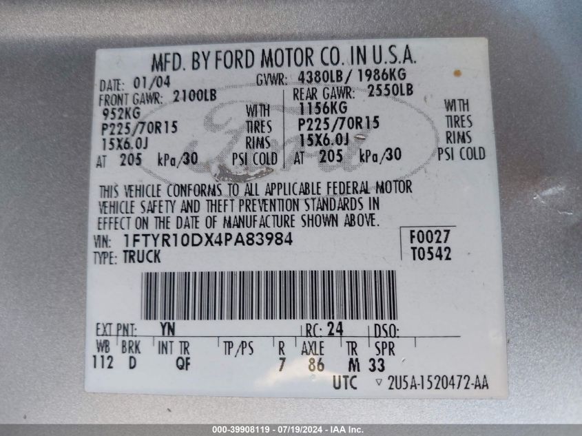 2004 Ford Ranger VIN: 1FTYR10DX4PA83984 Lot: 39908119