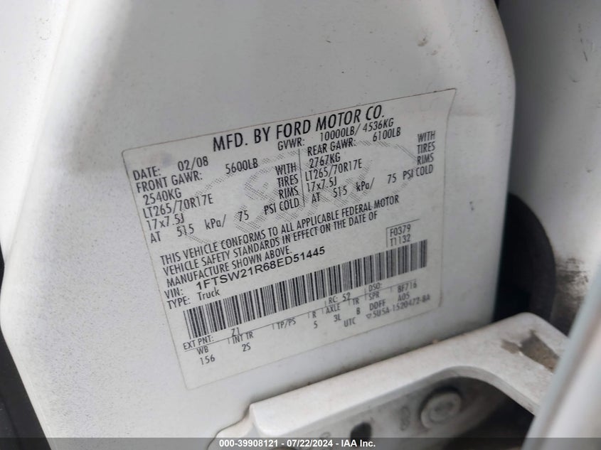 2008 Ford F-250 Fx4/Harley-Davidson/King Ranch/Lariat/Xl/Xlt VIN: 1FTSW21R68ED51445 Lot: 39908121