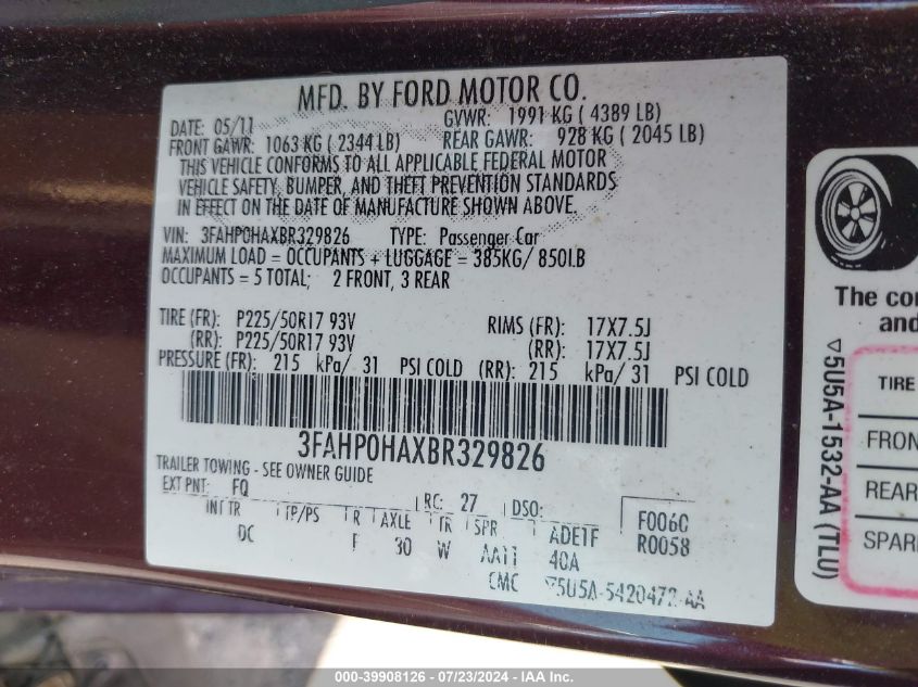 2011 Ford Fusion Se VIN: 3FAHP0HAXBR329826 Lot: 39908126