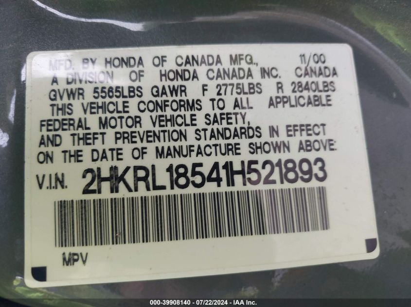 2001 Honda Odyssey Lx VIN: 2HKRL18541H521893 Lot: 39908140
