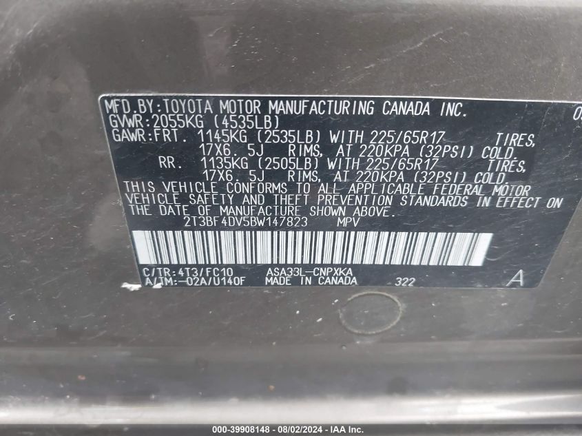 2011 Toyota Rav4 VIN: 2T3BF4DV5BW147823 Lot: 39908148