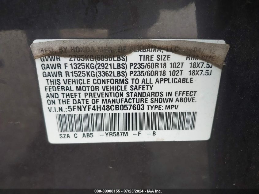 2012 Honda Pilot Ex VIN: 5FNYF4H48CB057603 Lot: 39908155