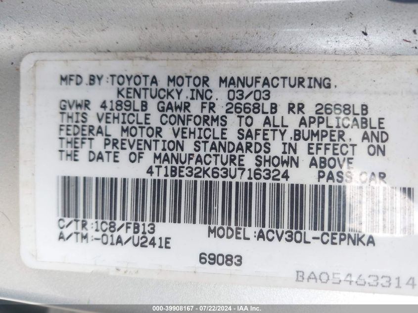 2003 Toyota Camry Le VIN: 4T1BE32K63U716324 Lot: 39908167