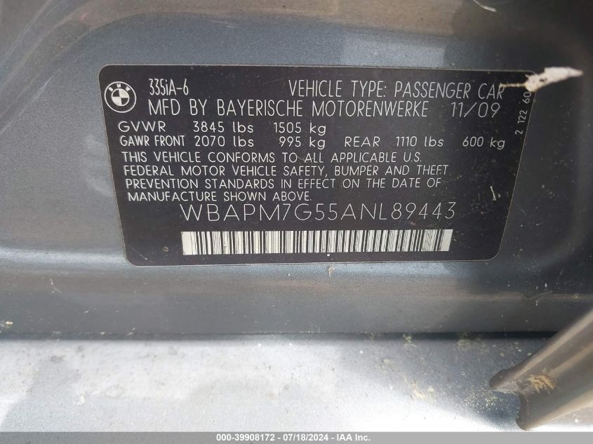 2010 BMW 335I VIN: WBAPM7G55ANL89443 Lot: 39908172