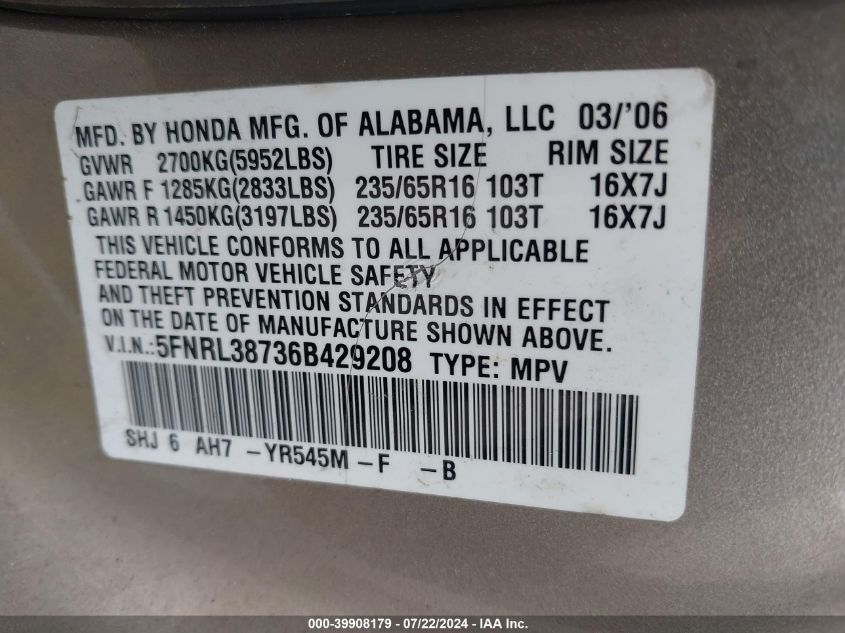 2006 Honda Odyssey Ex-L VIN: 5FNRL38736B429208 Lot: 39908179