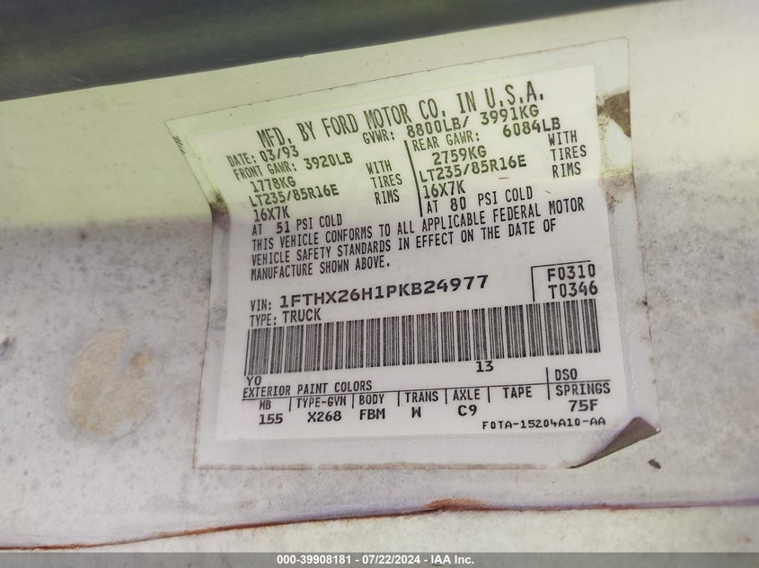 1993 Ford F250 VIN: 1FTHX26H1PKB24977 Lot: 39908181