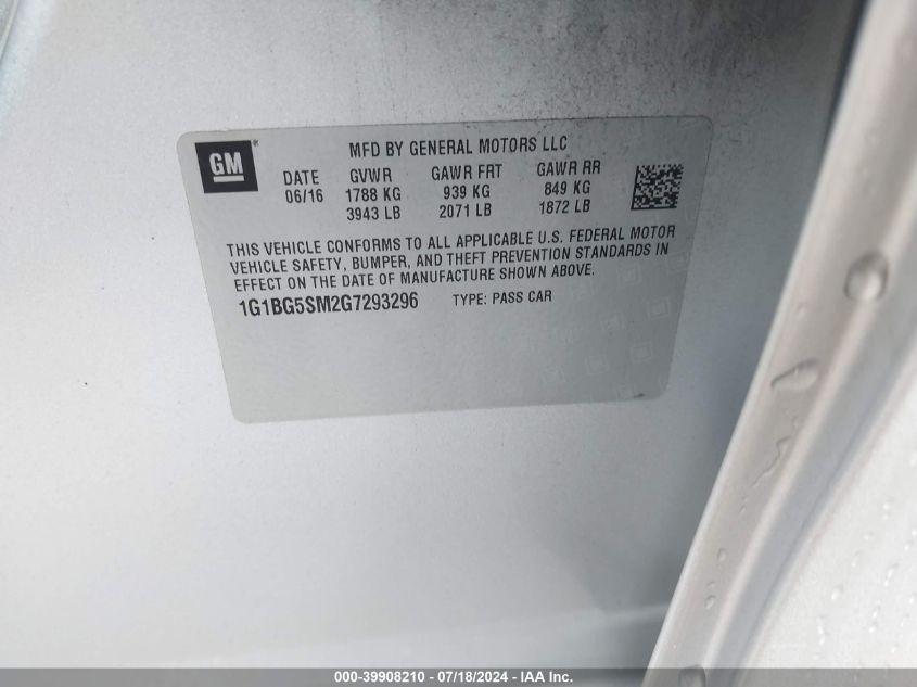 2016 Chevrolet Cruze Premier Auto VIN: 1G1BG5SM2G7293296 Lot: 39908210