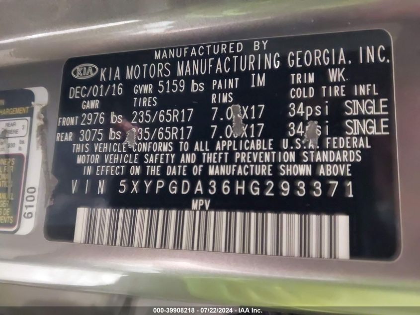 2017 Kia Sorento 2.4L Lx VIN: 5XYPGDA36HG293371 Lot: 39908218