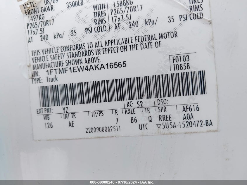 2010 Ford F-150 Stx/Xl/Xlt VIN: 1FTMF1EW4AKA16565 Lot: 39908240