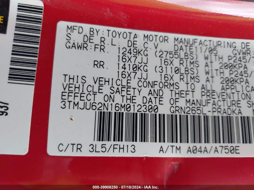 2006 Toyota Tacoma Prerunner V6 VIN: 3TMJU62N16M012300 Lot: 39908250