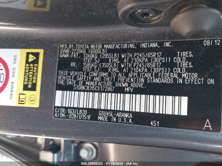 2012 Toyota Highlander Se V6 VIN: 5TDBK3EH5CS172867 Lot: 39908252