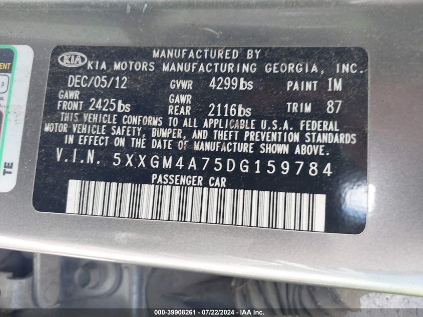 2013 Kia Optima Lx VIN: 5XXGM4A75DG159784 Lot: 39908261