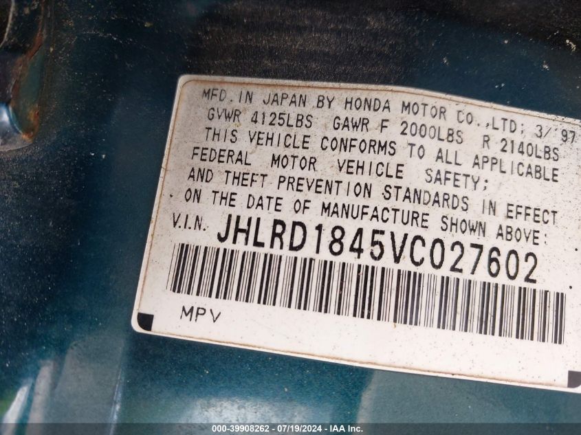 1997 Honda Cr-V Lx VIN: JHLRD1845VC027602 Lot: 39908262