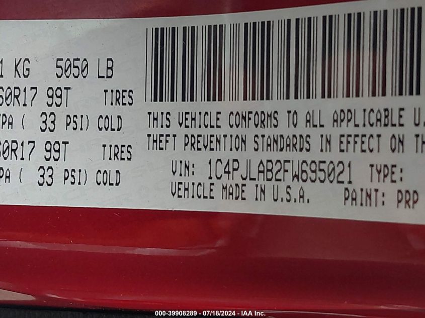 2015 Jeep Cherokee Sport VIN: 1C4PJLAB2FW695021 Lot: 39908289