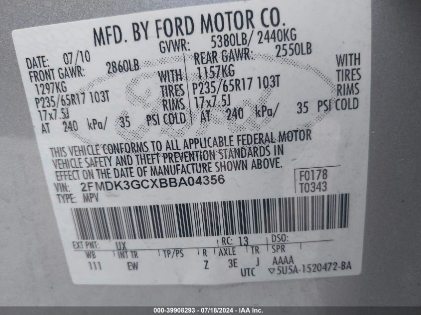 2011 Ford Edge Se VIN: 2FMDK3GCXBBA04356 Lot: 39908293