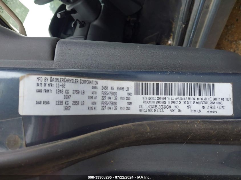 2003 Jeep Grand Cherokee Laredo VIN: 1J4GW48S13C610304 Lot: 39908295