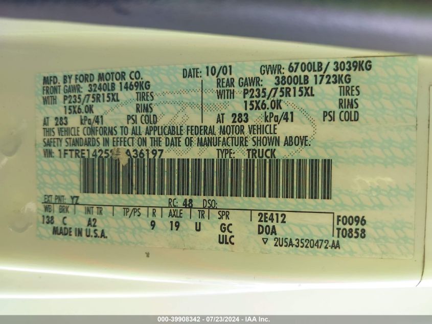 2002 Ford Econoline E150 Van VIN: 1FTRE14252HA36197 Lot: 39908342