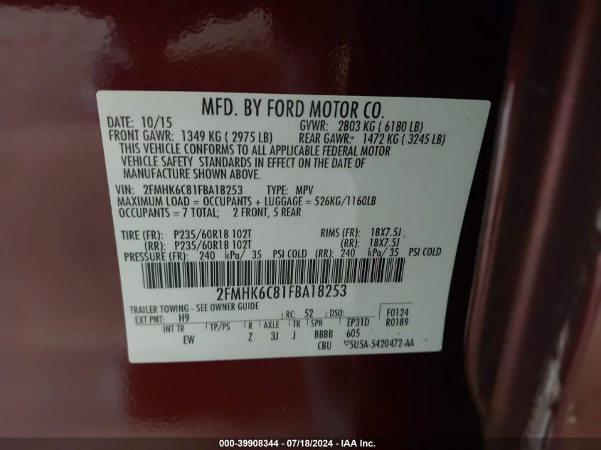 2015 Ford Flex Sel VIN: 2FMHK6C81FBA18253 Lot: 39908344