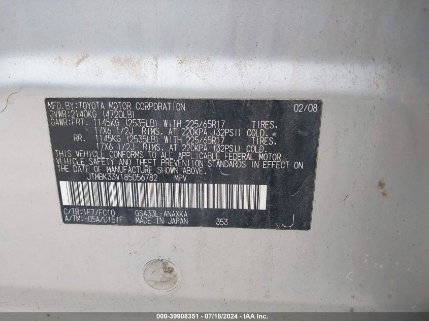 2008 Toyota Rav4 Base V6 VIN: JTMBK33V185056782 Lot: 39908351