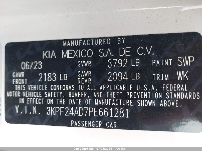 2023 Kia Forte Lxs VIN: 3KPF24AD7PE661281 Lot: 39908359