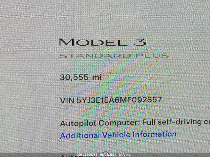 2021 Tesla Model 3 Standard Range Plus Rear-Wheel Drive VIN: 5YJ3E1EA6MF092857 Lot: 39908363