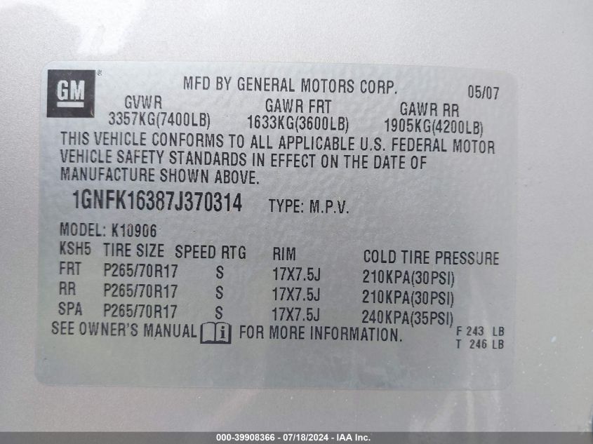 2007 Chevrolet Suburban 1500 Lt VIN: 1GNFK16387J370314 Lot: 39908366